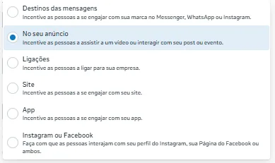 Os destinos possíveis: mensagens, site, ligações, app ou perfil.